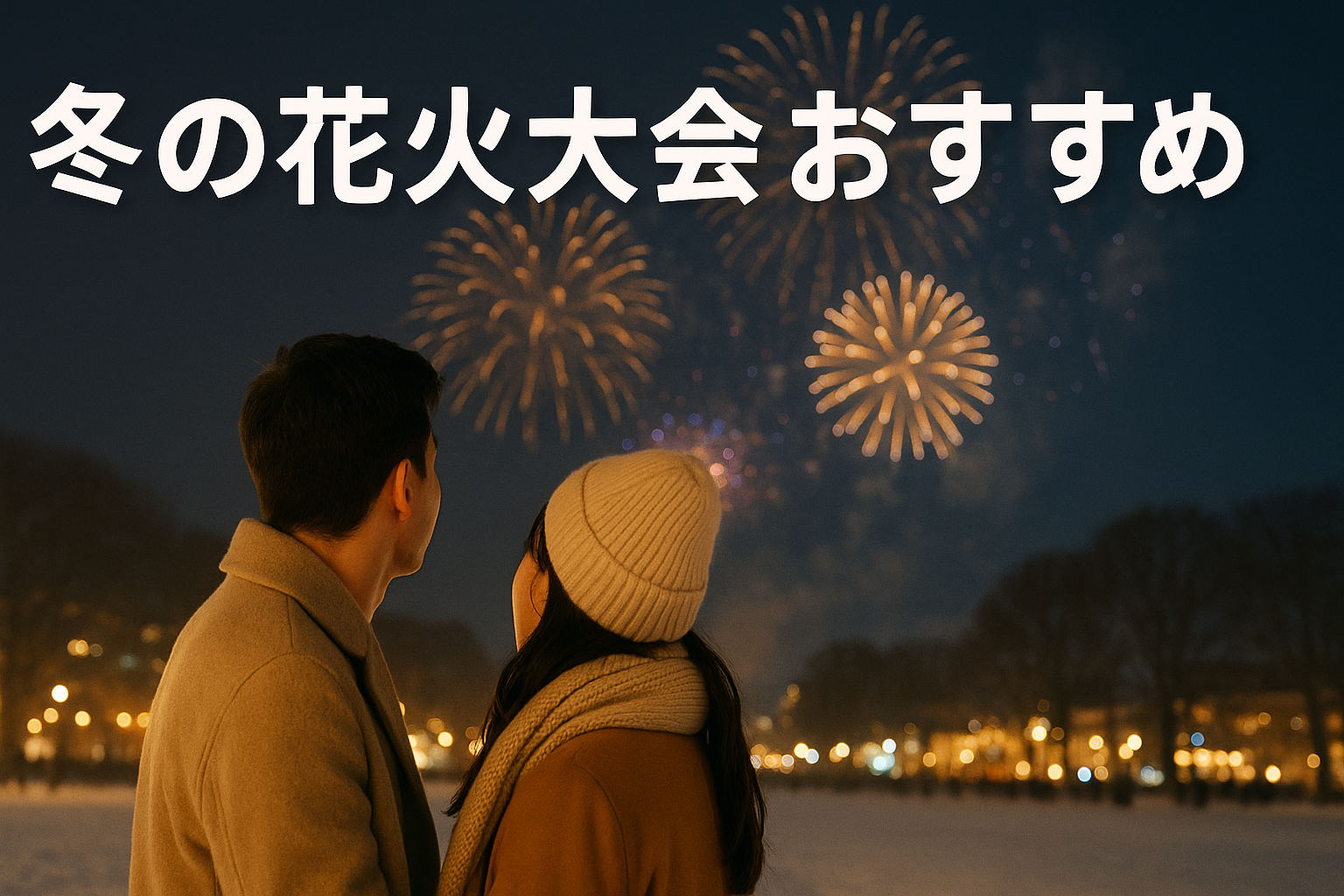 冬の花火大会に来ている日本人の男女。夜空の花火を見上げている後ろ姿