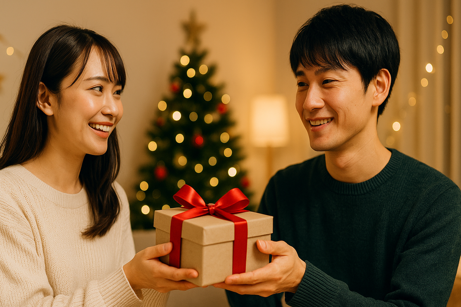 クリスマスツリーが輝く部屋の中で、日本人の女性が笑顔で赤いリボンのかかったプレゼント箱を彼氏に手渡す温かいシーン。