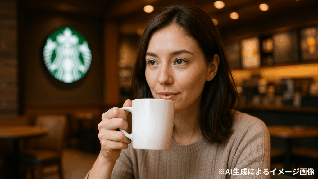 スターバックス風のカフェ店内で、ベージュのニットを着た女性がコーヒーカップを手に微笑んでいる。木目調の温かみある内装と緑のロゴが映える落ち着いた雰囲気の空間。